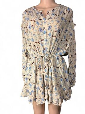 Free People Cream Floral Drawstring Long Sleeve Dress with Blue Blooms